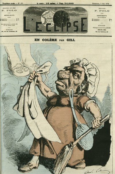 In woede, een illustratie van een vrouw die haar schort maakt. Omslag in L