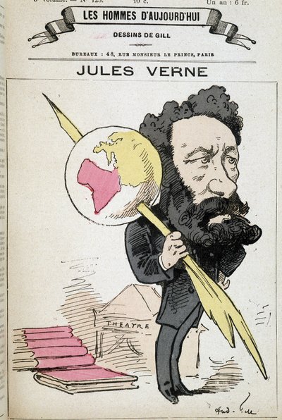 Jules Verne knijpt de aarde aan zijn pen - door Gill, in 