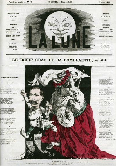 Le Beeuf gras et sa lamentte, illustratie van een lied. Karikatuur door Gill, in 