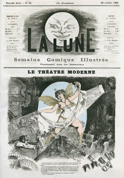 Le Theatre Moderne in Parijs. Karikatuur door Gill, in 