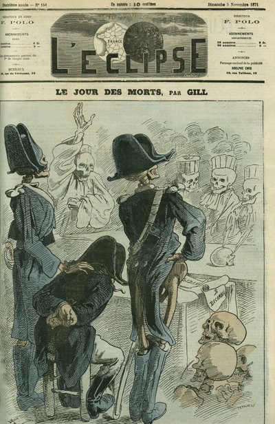 Op de dag van de doden, Napoleon III (1808-1873) voor een skeletvergadering voor de nederlaag van Sedan. Omslag in 