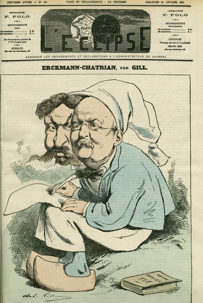 Portret van Alexandre Chatrian (1826-1890) en Emile Erckmann (1822-1899), bekend als Erckmann-Chatrian, duo van Franse romanschrijvers. Omslag in 