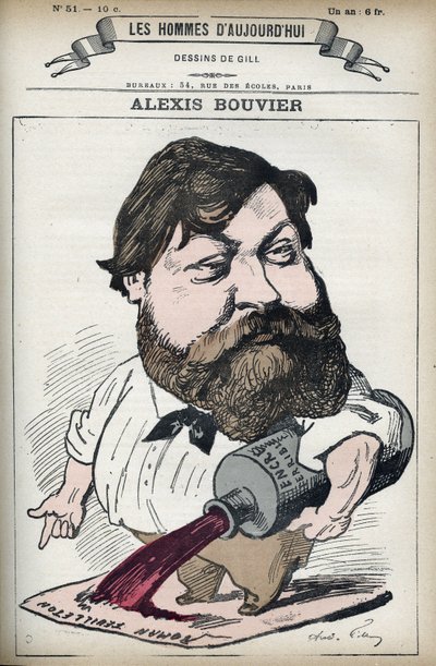 Portret van Alexis Bouvier (1836-1892), Franse populaire romanschrijver en toneelschrijver. Cartoon door Gill, Parijs door Andre Gill