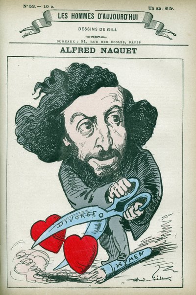 Portret van Alfred Naquet (1834-1916), een Franse arts, chemicus en politicus, hij herstelde de wet die echtscheiding toestond in 1884. Cartoon door Gill, Parijs. door Andre Gill