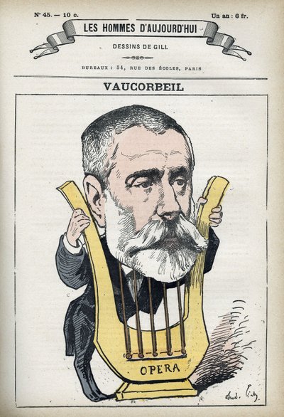 Portret van Auguste Emmanuel Vaucorbeil (1821-1884), Franse componist en directeur van de Parijse Opera. Cartoon door Gill, Parijs door Andre Gill