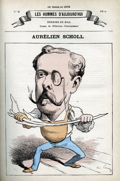 Portret van Aurelien Scholl (1833-1902), Franse journalist, schrijver en komiek. Cartoon door Gill, Parijs door Andre Gill