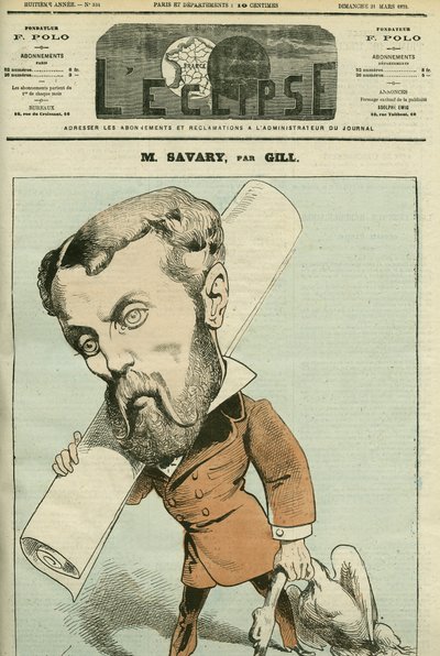 Portret van Charles Savary (1845-89), een Franse politicus en zakenman, hij was ook journalist in Canada. Omslag in 