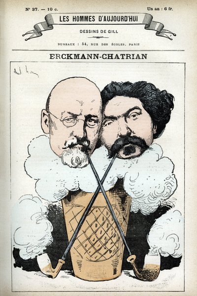 Portret van Emile Erckmann (1822-1899) en Alexandre Chatrian (1826-1890), Franse romanschrijvers. Cartoon door Gill, in Les Homme d