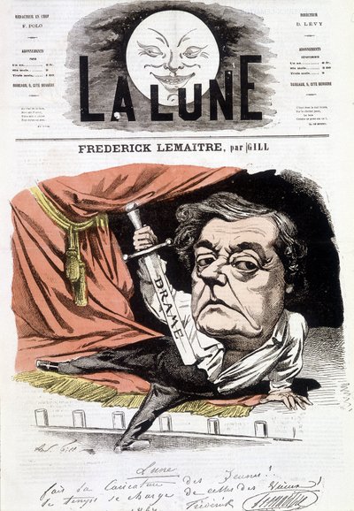 Portret van Frédérick Lemaître (1800-1876), Franse toneelspeler. Cartoon door Gill in 