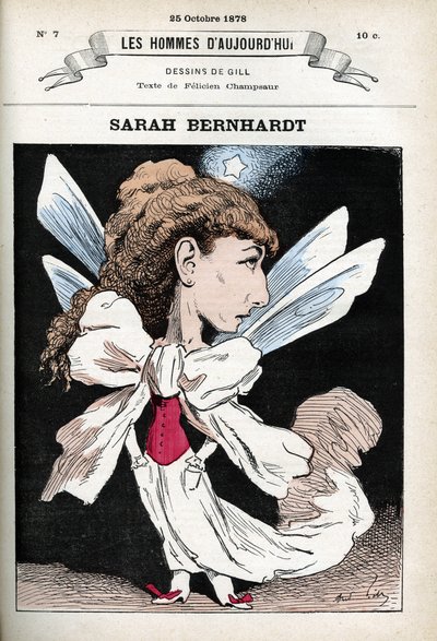 Portret van Henriette Rosine Bernard, bekend als Sarah Bernhardt (1844-1923), Franse toneelactrice. Cartoon door Gill, Parijs door Andre Gill