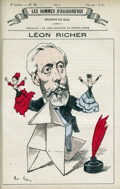 Portret van Leon Richer (1824-1911), een Franse journalist en intellectueel, hij richtte de Association pour le droit des femmes en de Ligue française pour le droit des femmes op in 1882. Karikatuur door Gill, Parijs door Andre Gill