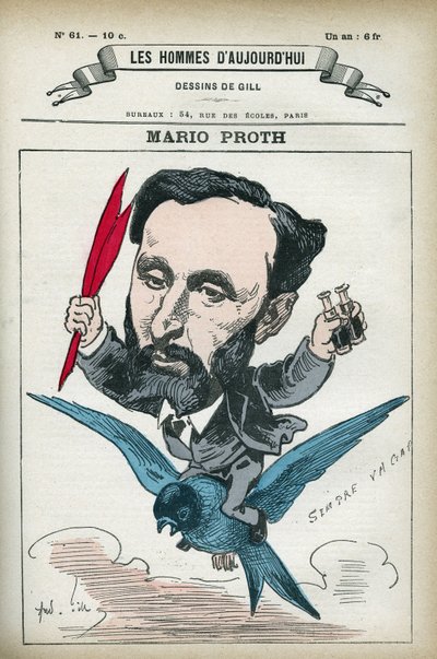 Portret van Mario Proth, Franse schrijver, literair criticus en publicist. Cartoon door Gill, Parijs door Andre Gill