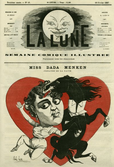 Portret van Miss Adah-Isaacs Menken, zangeres in het theatre de la Gaite in Parijs. Cartoon door Gill, in 