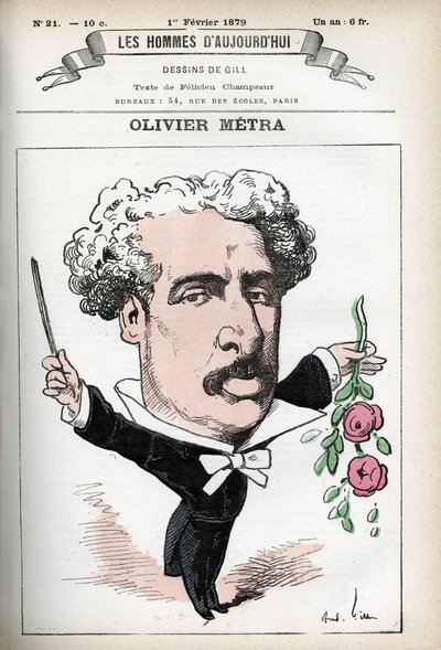 Portret van Olivier Metra (1830-1889), Franse acteur, populaire componist. Cartoon door Gill, in 