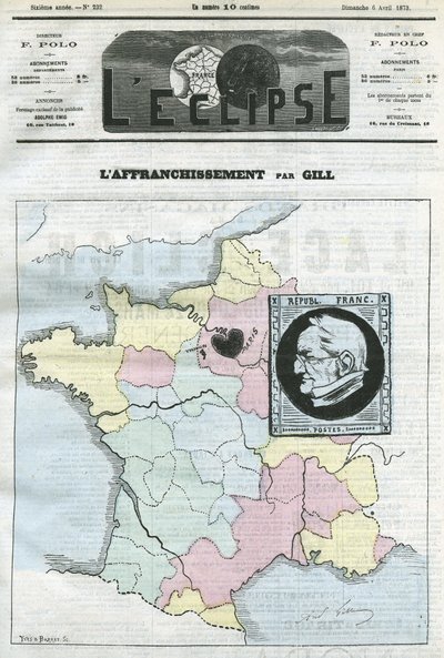 Postzegel, kaart van Frankrijk in vier zones en zijn postzegel met het profiel van de president van de Republiek Adolphe Thiers (1797-1877). Omslag in 