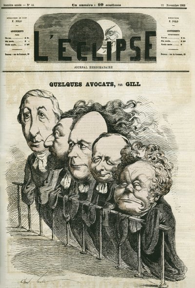 Enkele advocaten, Emmanuel Arago (1812-1896), Leon Gambetta (1838-1882), Jules Grevy (1807-1891), Laurier en Adolphe Cremieux (1796-1880) door Andre Gill
