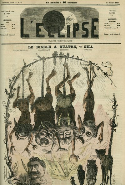 De Duivel heeft vier, politiek pamflet herontworpen door Mephistopheles alias Wolff, Villemessant, Duchesne, Lockroy, en zijn cartoonist Benassit. Omslag in 