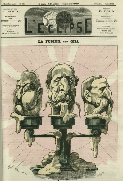 De fusie, een illustratie van de samenstelling van de Vergadering, met royalisten, bonapartisten en republikeinen. Omslag in 