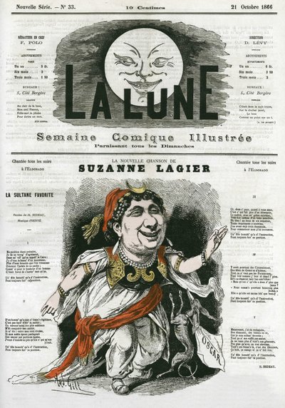 Het nieuwe lied van Suzanne Lagier, zangeres in het Eldorado. Cartoon door Gill, in 