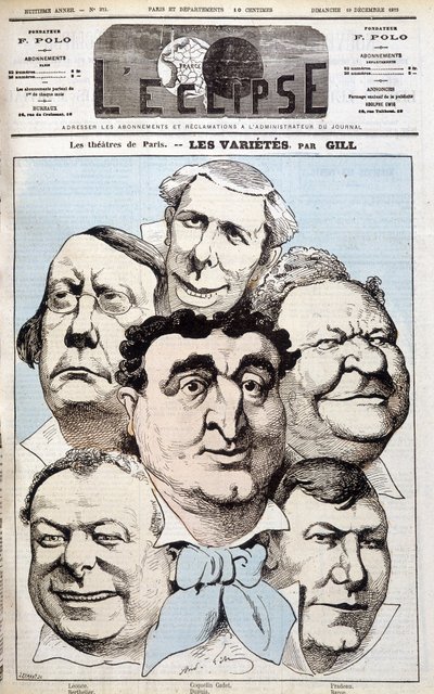 De portretten van Léonce, Berthelier, Poppy Cadet, Dupuis, Pradeau en Baron, theaterauteurs. Cartoon door Gill in “L
