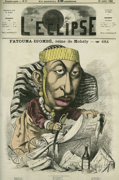 Zombe-Fatoum (1836-1878), Koningin van Moheli op de Comoren, op bezoek in Frankrijk in 1868. Ze wordt ook Djombe-Fatouma of Jumbe Fatouma of Jumbe Fatima genoemd. Omslag in 
