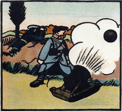 Eerste Wereldoorlog 1914-1918: Bomlanceerder. Een Franse soldaat stuurt bommen naar de vijand met een kanon. Gravure in 
