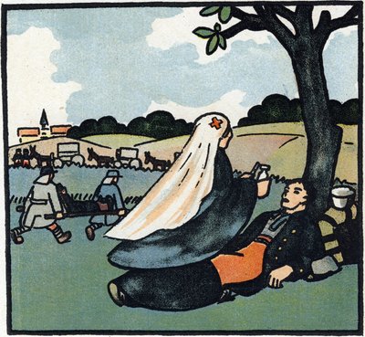 Eerste Wereldoorlog 1914-1918: Rode Kruis verpleegster komt zorgen voor soldaten tot aan de slagvelden. Gravure in 