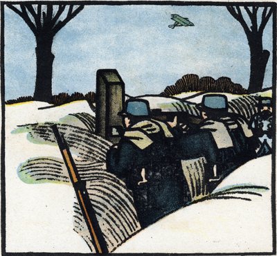 Eerste Wereldoorlog 1914-1918: Soldaten van het Franse leger in een loopgraaf. Gravure in 