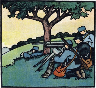 Eerste Wereldoorlog 1914-1918: Soldaten van het Franse leger gebruiken machinegeweren op de slagvelden. Gravure in 