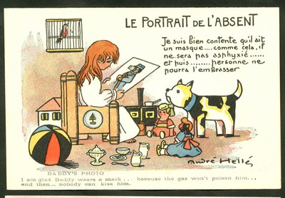 Ansichtkaart, Kleur Satirisch: Het Portret van de Afwezige - Oorlog van 14-18, Kinderillustratie door Andre Helle (1875-1945) door Andre Helle