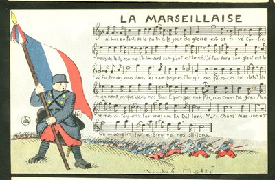Prentkaart, Satirisch in Kleuren: La Marseillaise - Oorlog van 14-18, Marseillaise, Zingende Illustratie door Andre Helle (1875-1945) door Andre Helle