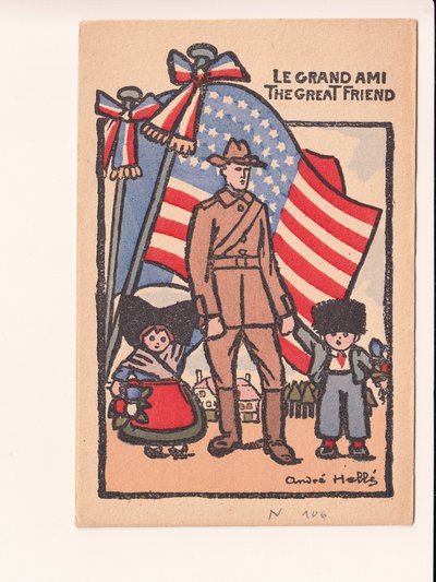 Ansichtkaart, Satirisch in Kleuren: Le grand ami de grote vriend - Oorlog van 14 -18, Amerika, Elzas-Lotharingen Illustratie door Andre Helle (1875-1945) door Andre Helle
