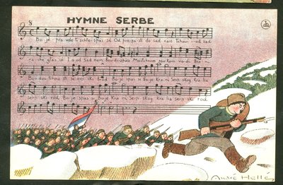 Satirische Ansichtkaart: Servisch Volkslied - Oorlog van 14-18, Lied, Servië - Soldaten Illustratie door Andre Helle (1875-1945) door Andre Helle