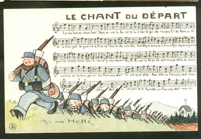 Satirische ansichtkaart in kleuren: Het lied van het vertrek - Oorlog van 14-18, Chant - Soldaten Illustratie door Andre Helle door Andre Helle