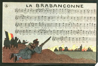 Ansichtkaart, satirisch in kleuren, circa 1915: La brabanconne - Oorlog van 14 -18, België, Zang - Soldaten Illustratie door Andre Helle (1875-1945) door Andre Helle