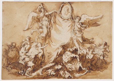 Een allegorie van de kunsten die de tijd overwinnen, bekroond door een medaillonportret van koning Stanislaw August van Polen als beschermheer van de kunsten door Andre Jean Lebrun