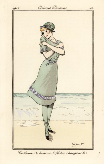 Vrouw op het strand in zwempak van tweekleurige taffeta door Andre Pecoud
