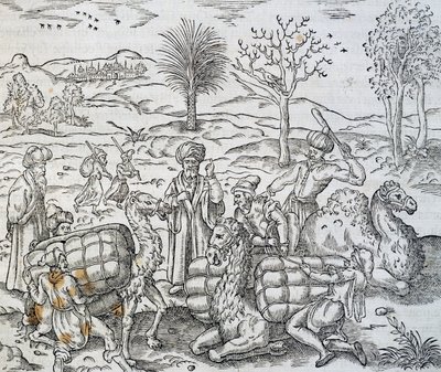 Arabische kooplieden in Syrië, gravure uit Universal Cosmology door Andre Thevet