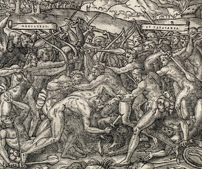 Slag tussen Margageaz en Tabajares stammen (gravure) door Andre Thevet