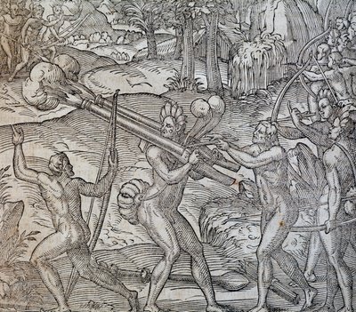 Slag tussen inboorlingen in Canada, gravure uit Cosmographie Universelle door Andre Thevet