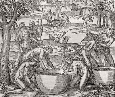 Cap de Frie, vrouwen bereiden voedsel, gravure, Zuid-Amerika door Andre Thevet