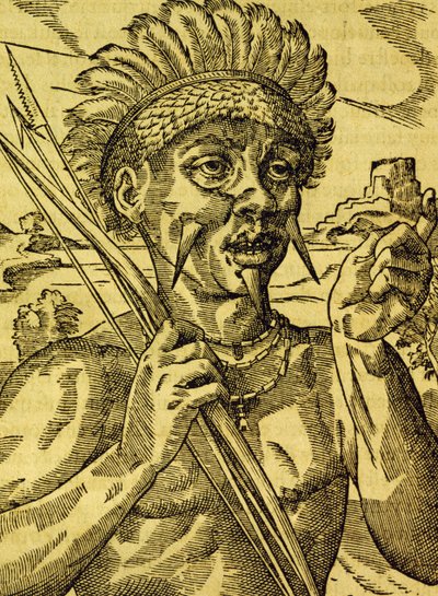 Hoofd van stam van kannibalen, gravure uit Universele Kosmologie, door Andre Thevet, Parijs door Andre Thevet