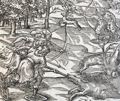 Indianen jagen op wilde zwijnen, gravure uit Universele Kosmologie, door Andre Thevet, Parijs door Andre Thevet