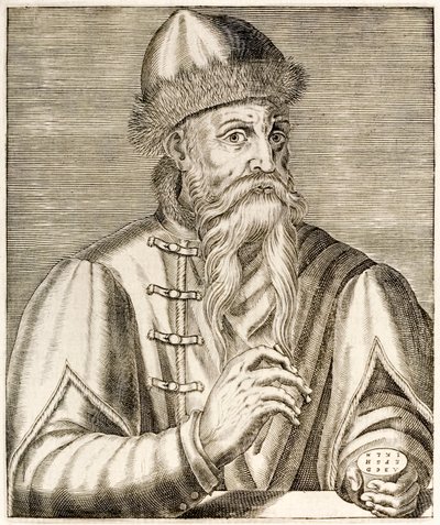 Johannes Gutenberg: Duitse uitvinder wiens uitvinding van de drukpers met losse letters de drukrevolutie startte, uit 