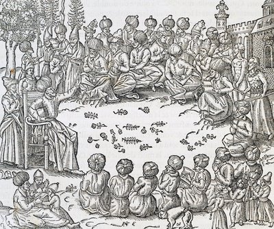 Ontmoeting tussen Turken en Arabieren, Marokko, gravure uit Universal Cosmology, door Andre Thevet, Parijs door Andre Thevet