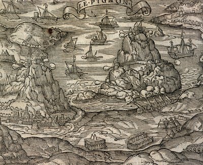 Zeeslag bij het eiland Le Pignon, gravure uit Cosmographie universelle, door Andre Thevet, Parijs door Andre Thevet
