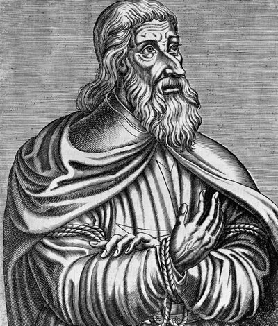 Portret van Jacques de Molay (1243-1314), Franse Grootmeester van de Tempeliers, gravure door Andre Thevet (1504-1592), gepubliceerd in 1584 door Andre Thevet