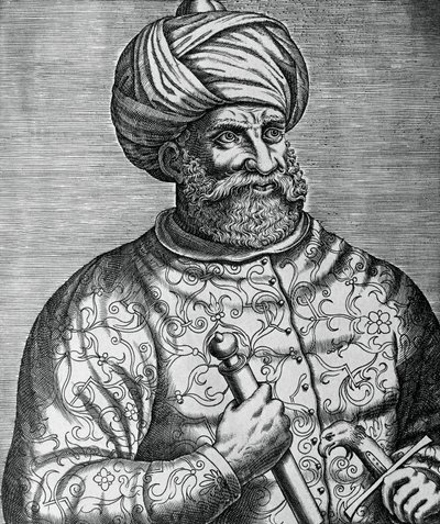 Portret van Khayr al-Din, bekend als Barbarossa (1465-1546), Turkse kaper en admiraal, gravure door Andre Thevet (1502-1590) door Andre Thevet
