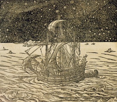 Zeelieden die de noordelijke route volgen, gravure uit Universele Kosmologie, door Andre Thevet, Parijs door Andre Thevet