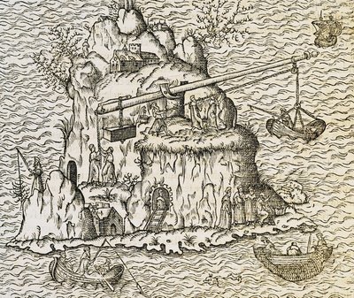 Transporttechniek voor boten op het eiland Kreta, gravure uit La Cosmographie Universelle, door Andre Thevet door Andre Thevet